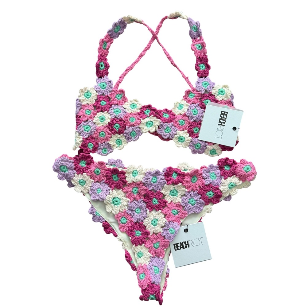 Beach Riot Womens Large Floral Crochet Bikini Set Pink Purple LOFL New With Tags - Picture 1 of 7